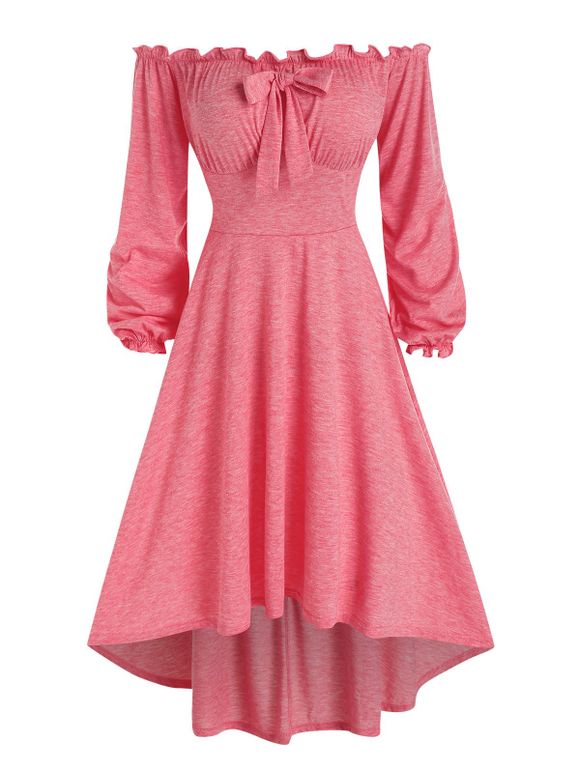 Robe Haute-Basse à Épaule Dénudée avec Nœud Papillon - Rose clair 2XL
