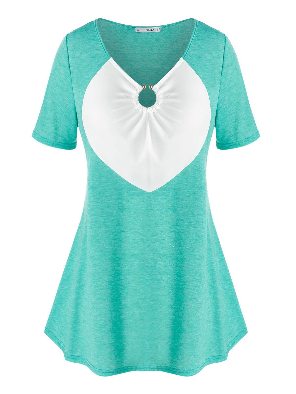 T-shirt Bicolore Sanglé Anneau en O de Grande Taille - Vert clair 5X