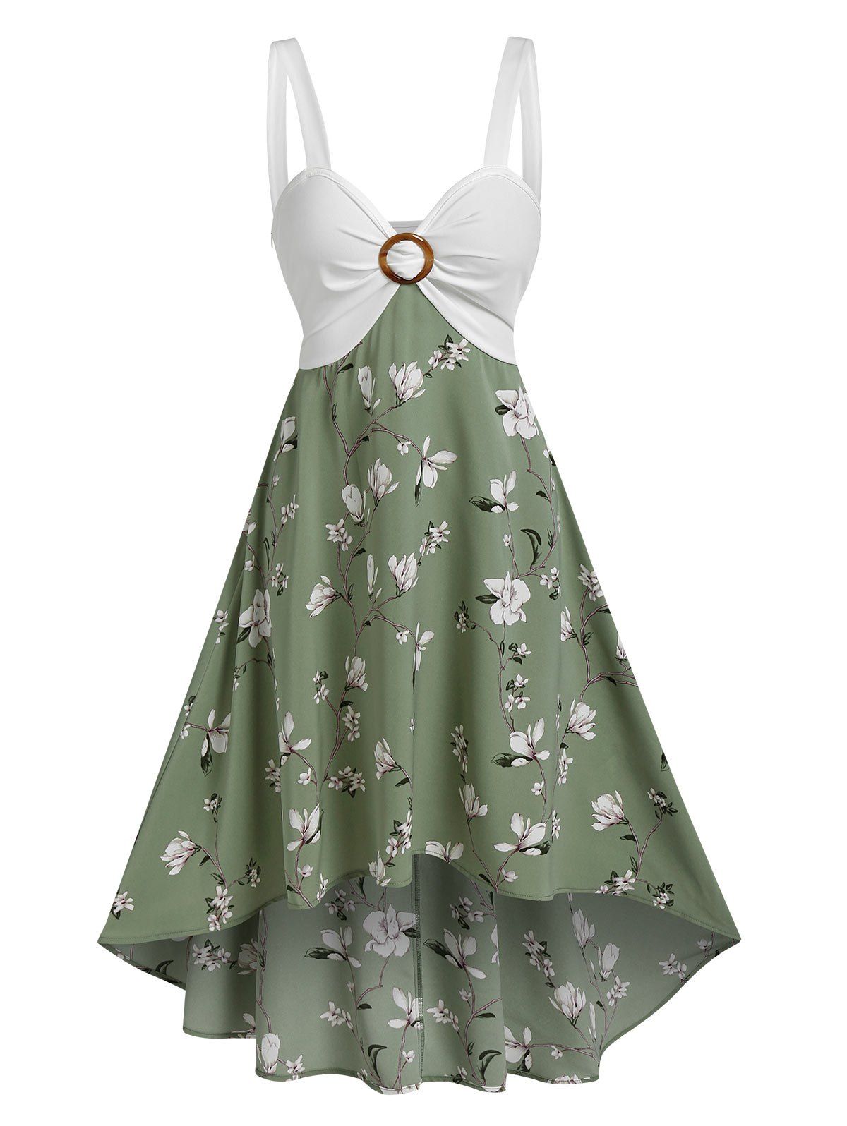 Summer Floral Print O Ring High Low Midi Dress - DEEP GREEN XXXL