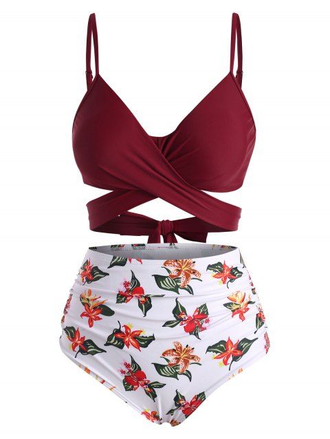 Tummy Control Bikini Swimwear Leaf Flower Swimsuit Crossover Tied Back Ruched Vacation Bathing Suit