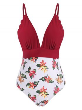 Beach One-piece Swimsuit Flower Print Swimwear Cut Out Scalloped Plunge Bathing Suit