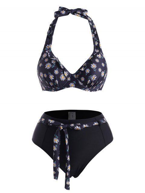 Daisy Floral Print Swimsuit Ruffle Underwire Belted Push Up Halter Bikini Swimwear
