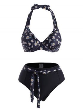 Daisy Floral Print Swimsuit Ruffle Underwire Belted Push Up Halter Bikini Swimwear