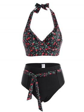 Tummy Control Tankini Swimsuit Polka Dot Cherry Print Ruffle Belted Moulded Halter Beach Swimwear