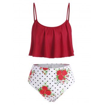 Polka Dot Floral Mix and Match Flounce Tankini Swimwear