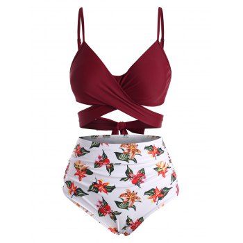 

Tummy Control Bikini Swimwear Leaf Flower Swimsuit Crossover Tied Back Ruched Vacation Bathing Suit, Deep red