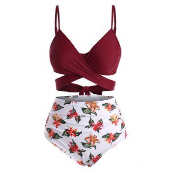 

Flower Printed Criss Cross Tummy Control Bikini Swimwear, Deep red