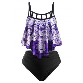 

Plus Size Plaid Print Cutout Ruched Draped Tankini Swimwear, Purple