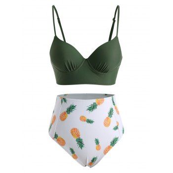 

Pineapple Print Moulded High Waisted Bikini Swimwear, Deep green