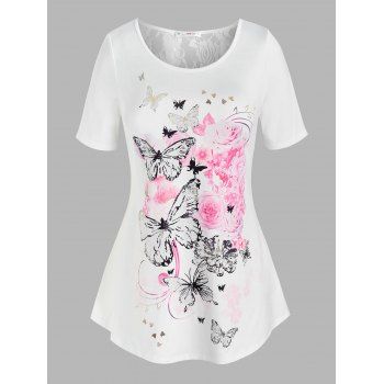 

Plus Size Floral Butterfly Print T Shirt, White