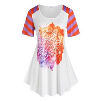 

Plus Size Bohemian Print Striped Tee, White