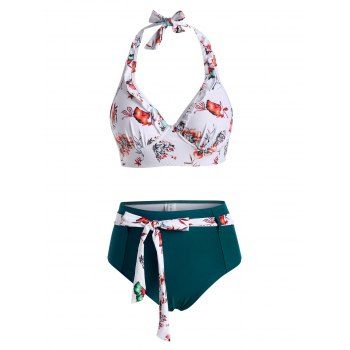 

Flower Ruffle Belted Halter Moulded Bikini Swimwear, Deep green