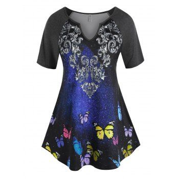 

Plus Size Butterfly Galaxy Print V Notch Tunic Tee, Multicolor