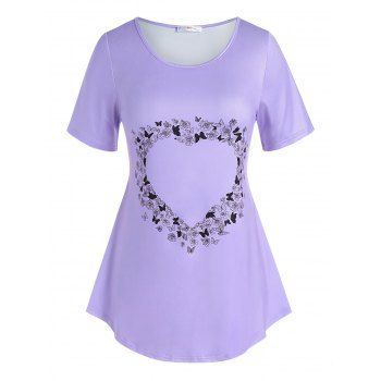 

Plus Size Rose Butterfly Heart Printed T Shirt, Light purple