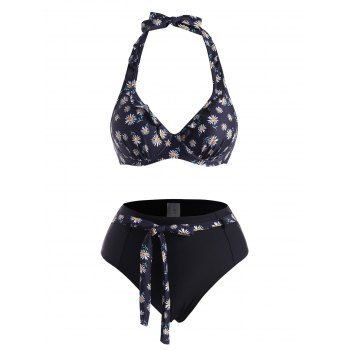 

Daisy Floral Print Swimsuit Ruffle Underwire Belted Push Up Halter Bikini Swimwear, Black