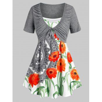 

Plus Size Ruched Front Tie Tee and Floral Camisole Set, Gray
