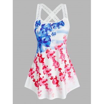 

Plus Size Watercolor Flower Print Crochet Strap Tank Top, White