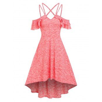 

Space Dye Cold Shoulder Ruffle Strappy Crisscross High Low Dress, Red