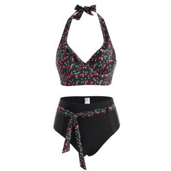 

Polka Dot Cherry Print Ruffle Halter Belted Moulded Tankini Swimwear, Black