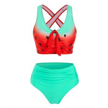 

Watermelon Print Tummy Control Swimwear Cut Out Padded High Waist Tankini Swimsuit, Light green