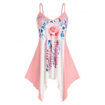 

Plus Size Flower Feather Print Hanky Hem Cami Top, Light pink