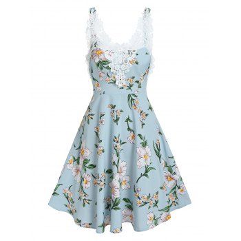 

Flower Print Cottagecore A Line Dress Floral Crochet Lace Applique Sundress, Light blue