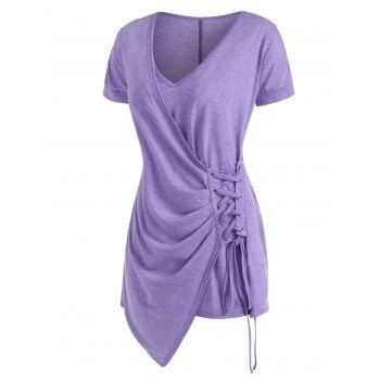 

Plus Size Plunge Lace-up Asymmetrical Open Shoulder Tee, Light purple