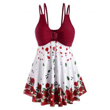 

Plus Size Valentine Flower Ring Skirted Tankini Swimwear, Deep red