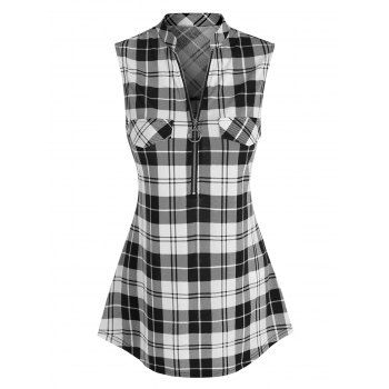 

Plaid Print Half Zip Tank Top, Black