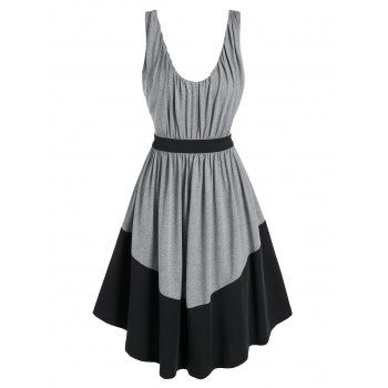 

Contrast Colorblock Plunge Bicolor Ruched A Line Tank Dress, Gray
