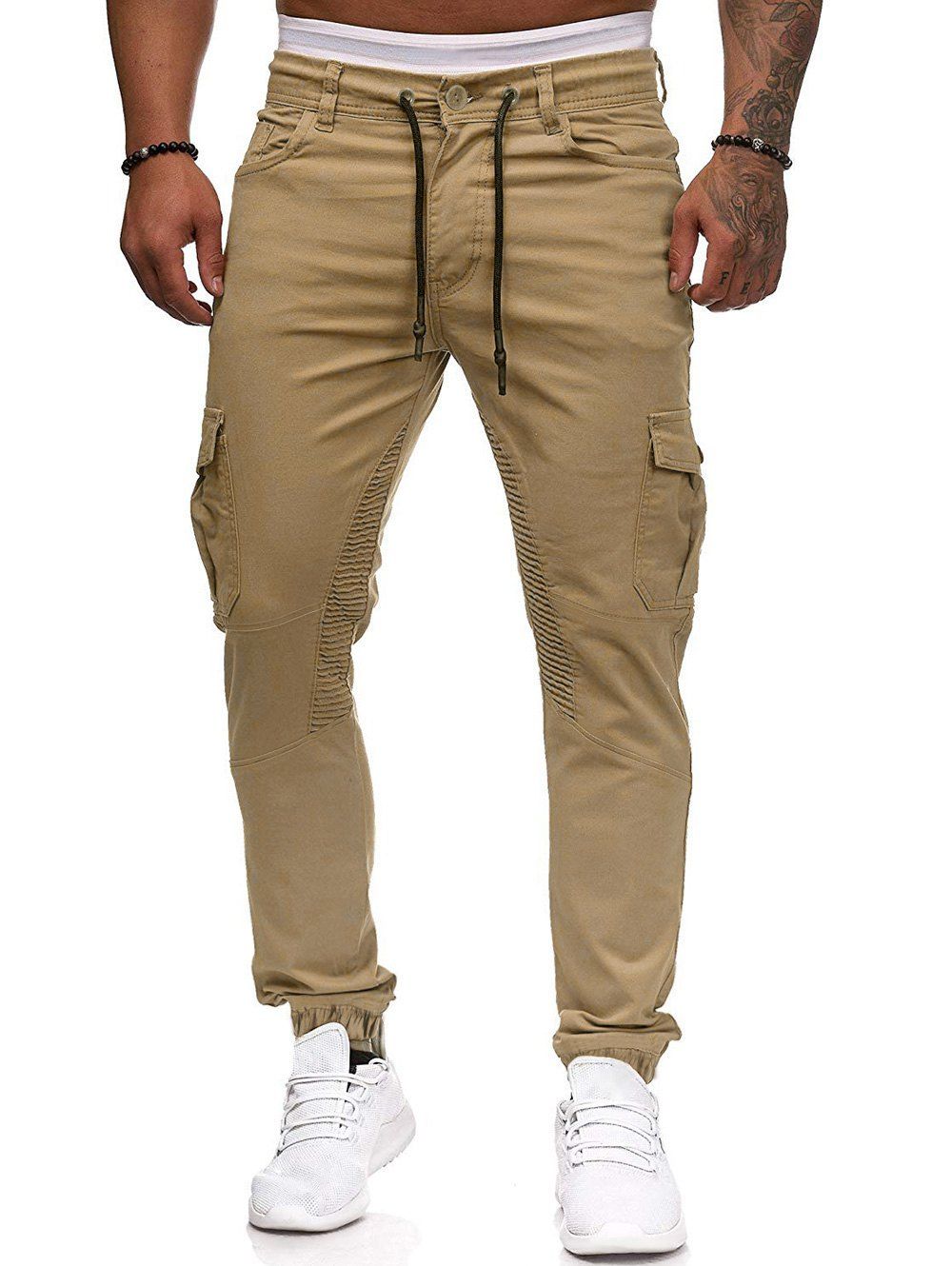 

Pleated Trim Drawstring Cargo Jogger Pants, Khaki