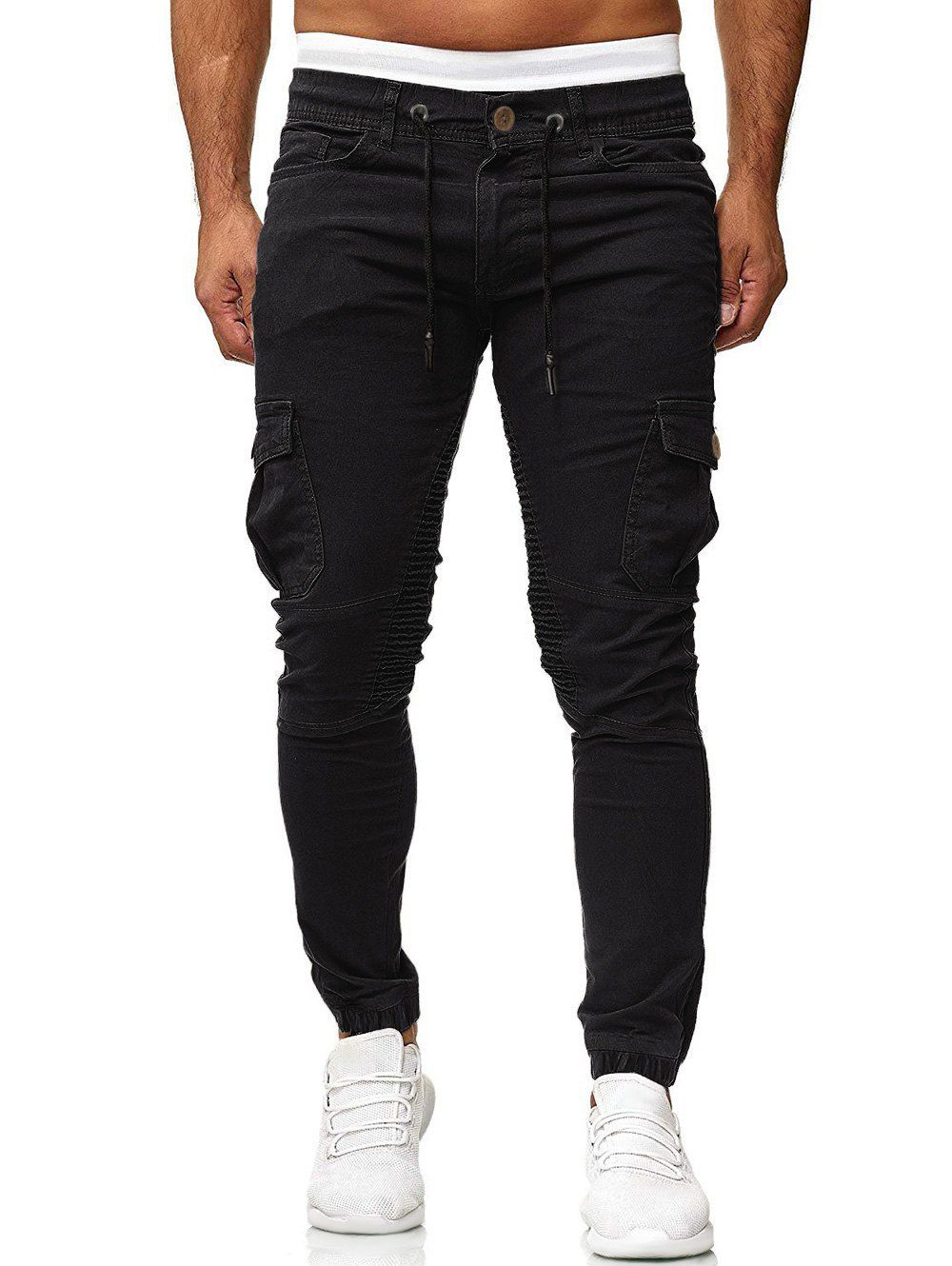 [42% OFF] 2021 Pleated Trim Drawstring Cargo Jogger Pants In BLACK ...