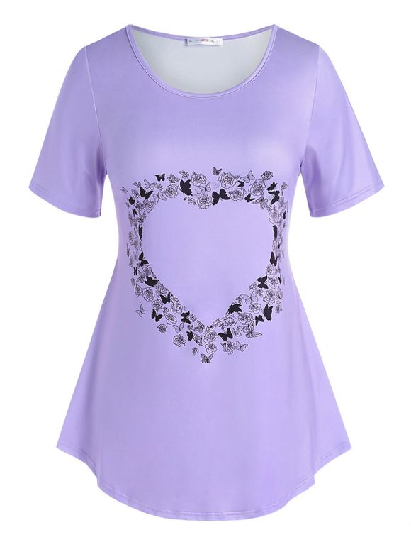 T-shirt à Imprimé Rose Papillon Cœur de Grande Taille - Violet clair 5X