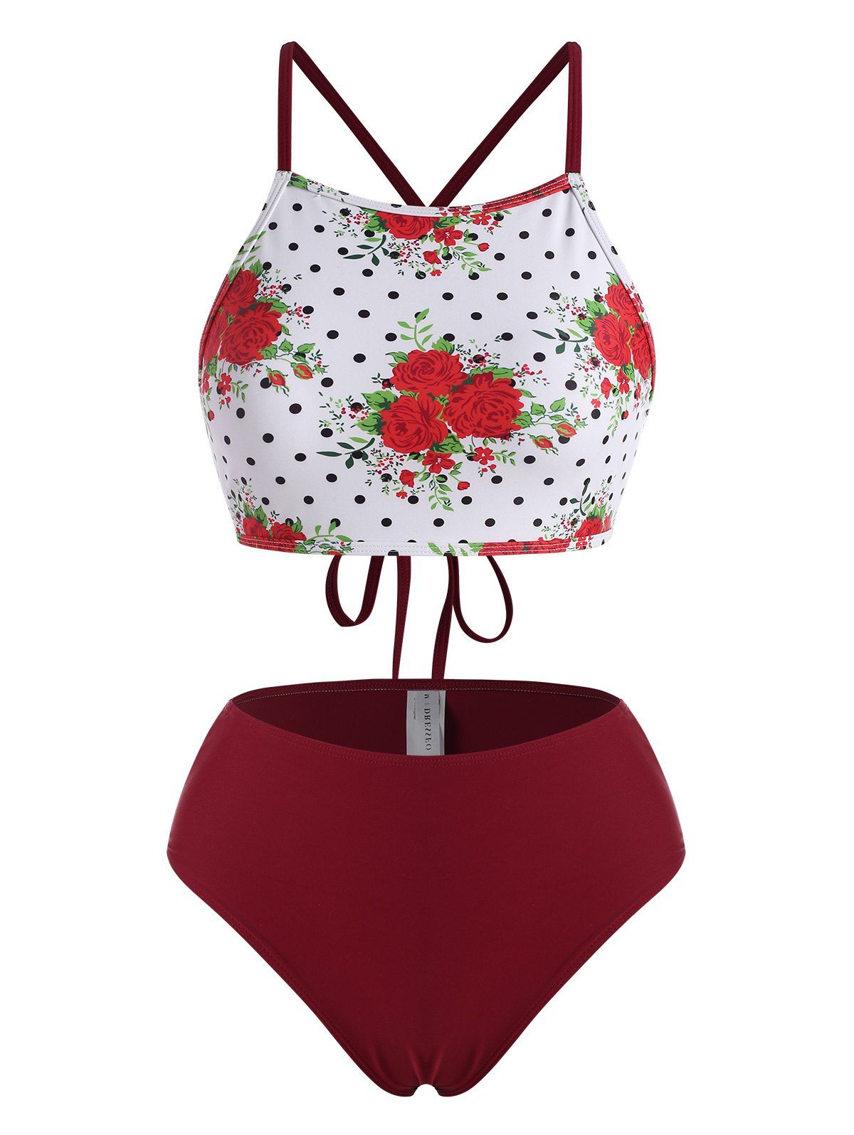 Criss Cross Flower Mix and Match Tankini Swimwear - DEEP RED L