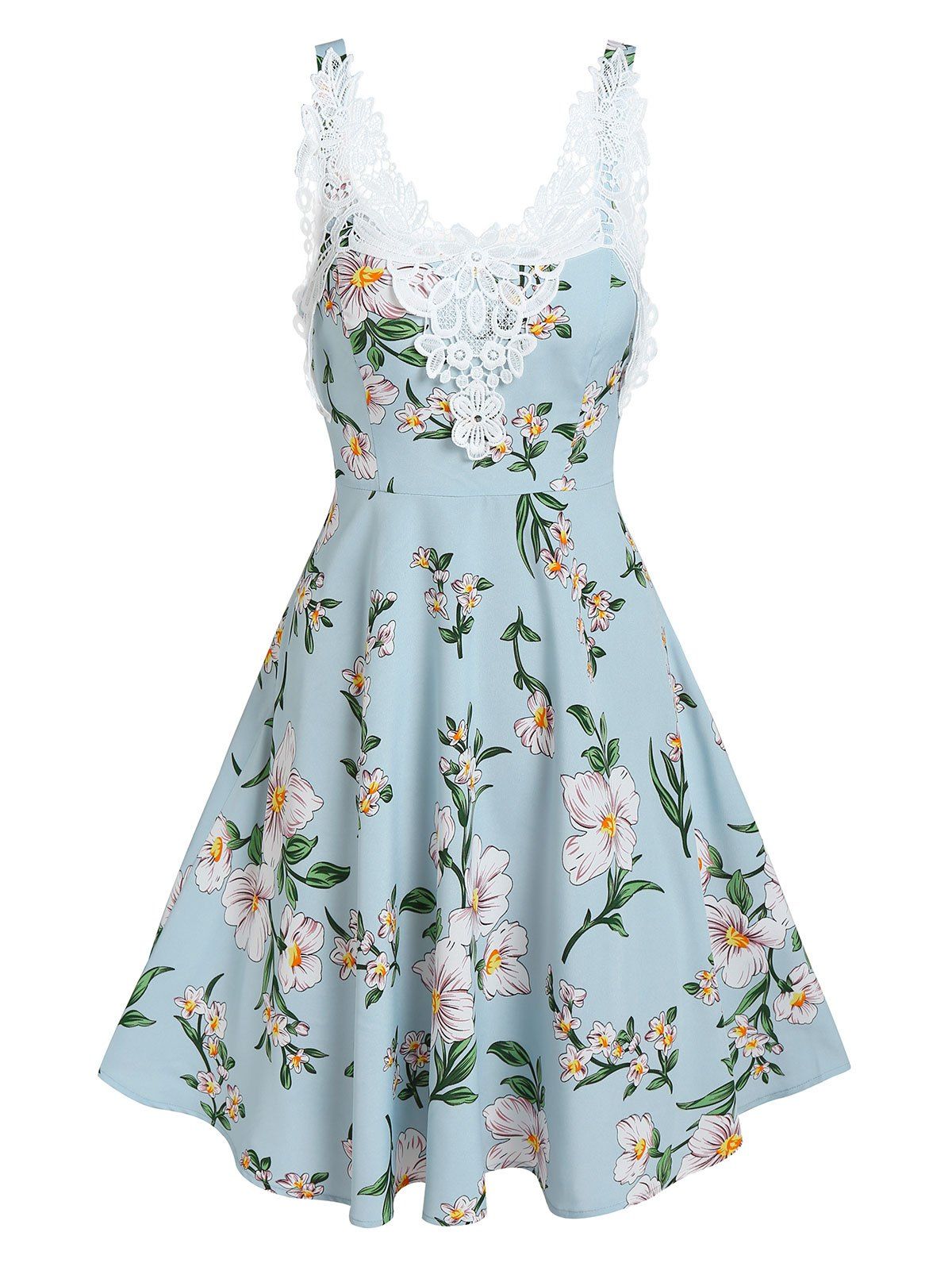 Flower Print Cottagecore A Line Dress Floral Crochet Lace Applique Sundress - LIGHT BLUE XXXL