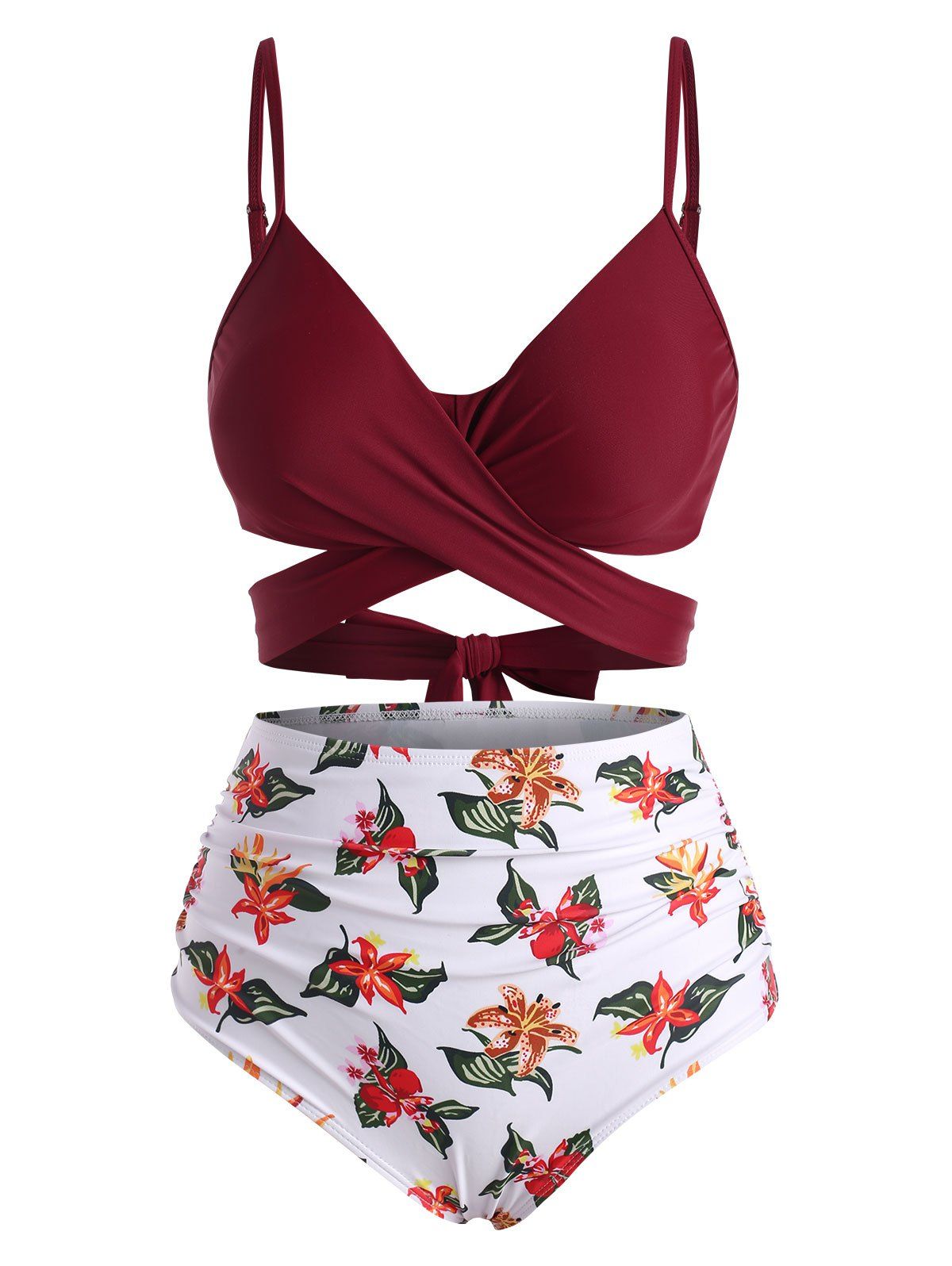 Tummy Control Bikini Swimwear Leaf Flower Swimsuit Crossover Tied Back Ruched Vacation Bathing Suit - DEEP RED S