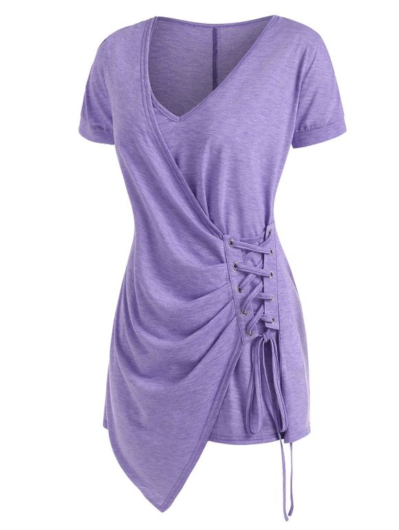 T-shirt Asymétrique Plongeant Epaule Dénudée Grande Taille à Lacets - Violet clair 5X