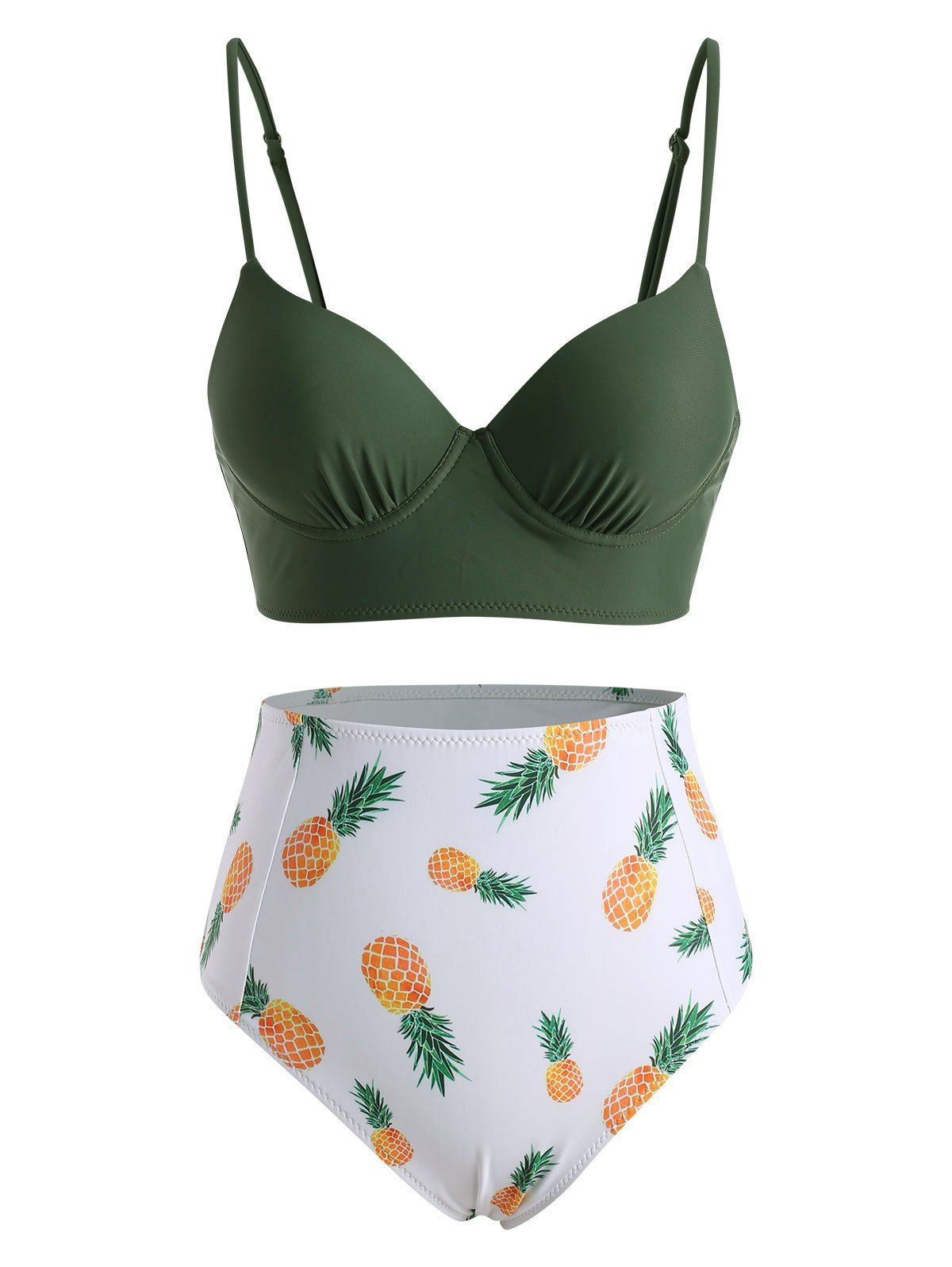 Maillot de Bain Bikini Moulant Gainant à Imprimé Ananas à Taille Haute - Vert profond S
