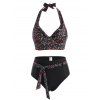 Tummy Control Tankini Swimsuit Polka Dot Cherry Print Ruffle Belted Moulded Halter Beach Swimwear - BLACK XXL