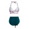 Flower Ruffle Belted Halter Moulded Bikini Swimwear - DEEP GREEN XXL