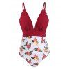 Beach One-piece Swimsuit Flower Print Swimwear Cut Out Scalloped Plunge Bathing Suit - DEEP RED S