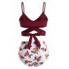 Tummy Control Bikini Swimwear Leaf Flower Swimsuit Crossover Tied Back Ruched Vacation Bathing Suit - DEEP RED L