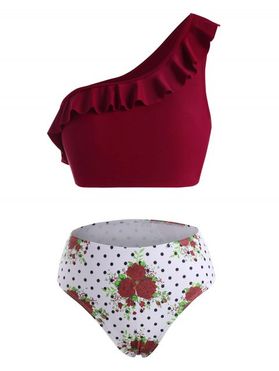 One Shoulder Bikini Swimwear Polka Dot Flower Swimsuit Ruffle Tummy Control Bathing Suit