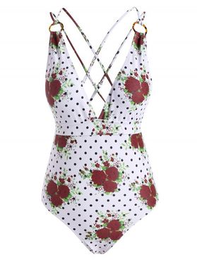 Flower Polka Dot O Ring Criss Cross Backless One-piece Swimsuit