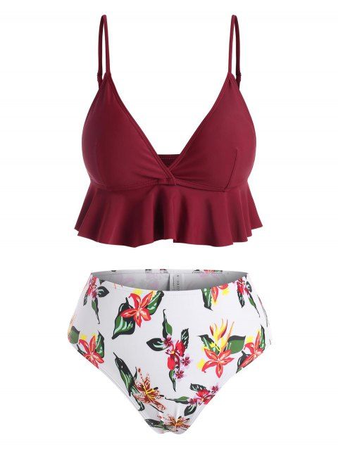Beach Bikini Swimwear Contrast Leaf Flower Print Flounce Peplum Plunge High Waisted Swimsuit