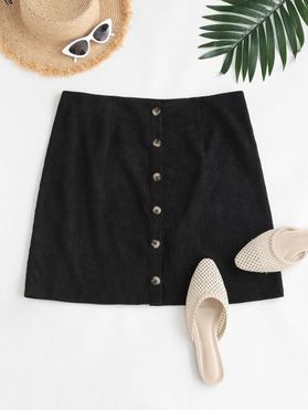 Corduroy Button Up Plus Size Mini Skirt