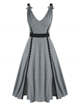Summer A Line Midi Slit Dress Colorblock Rivets Sleeveless V Neck Dress