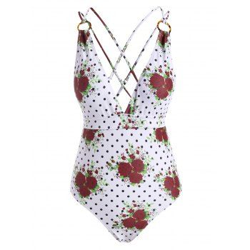 

Flower Polka Dot O Ring Criss Cross Backless One-piece Swimsuit, Deep red