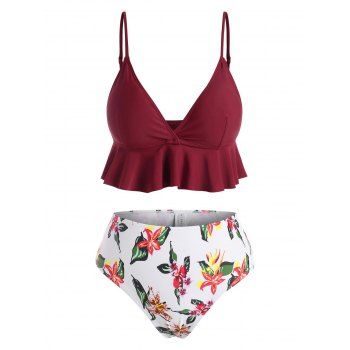 

Beach Bikini Swimwear Contrast Leaf Flower Print Flounce Peplum Plunge High Waisted Swimsuit, Deep red