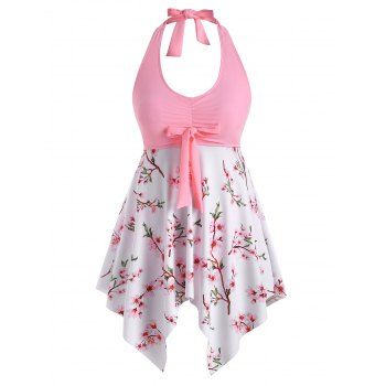 

Plus Size Peach Blossom Halter Hanky Hem Tankini Swimwear, Light pink
